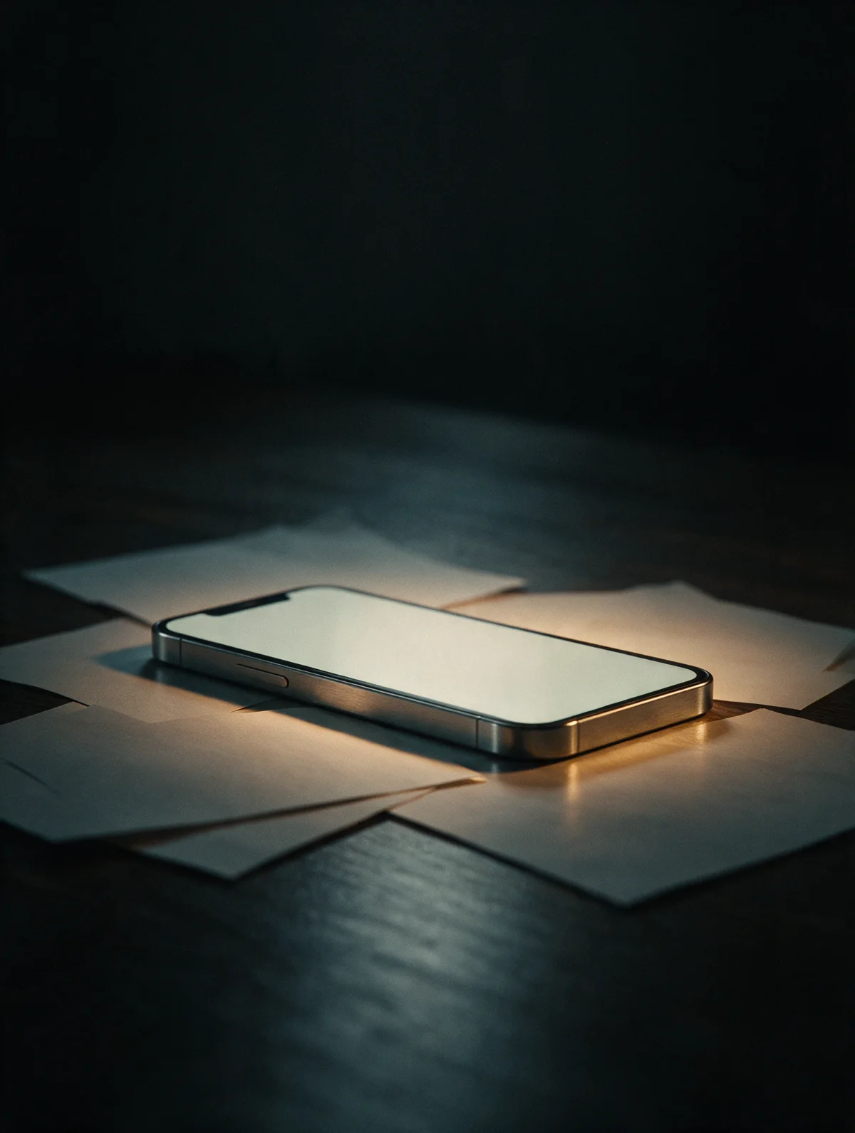 A phone lying face-up on a desk, its screen lit but empty of any notification.