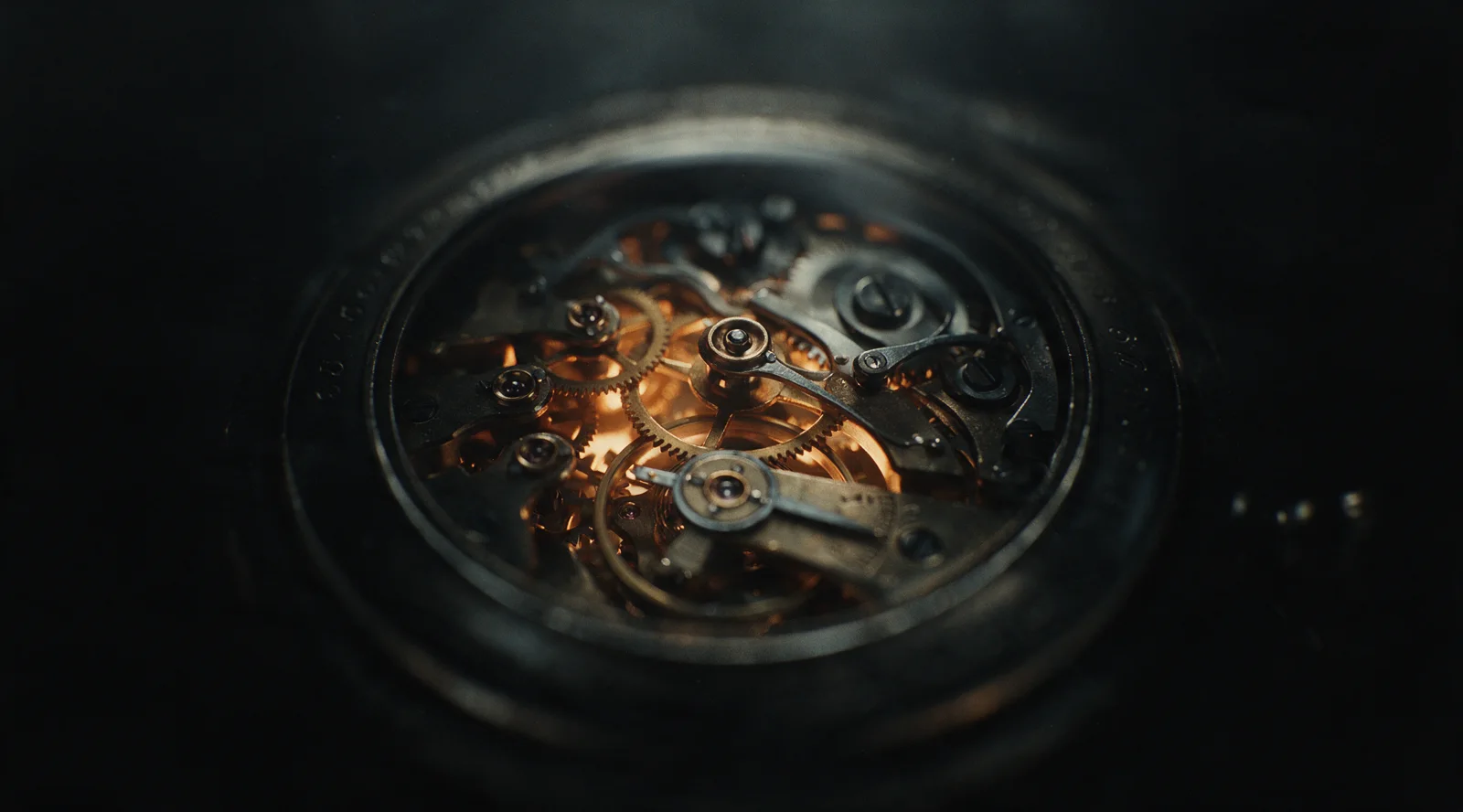 A macro shot of an antique pocket watch's exposed brass gear mechanism.